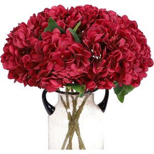 Dark Red 6-Pcs Artificial Vintage Silk Faux Flowers Bouquets Home Table Decor